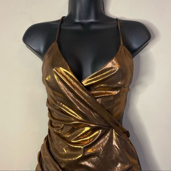 𝅺Sexy Bronze V Neck Sleeveless Body Con Scrunched Side Mini Dress metallic - Picture 2 of 10